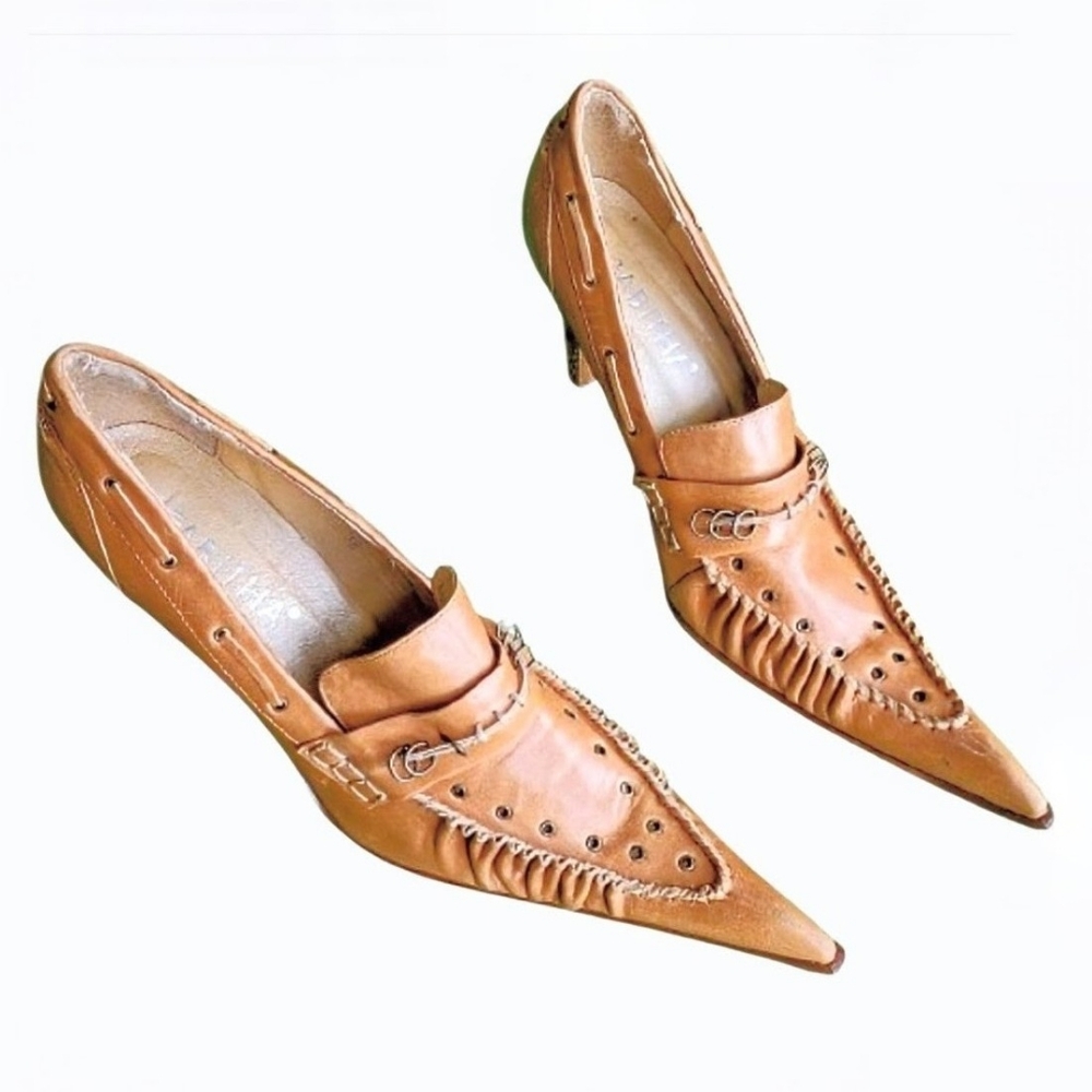 Rare Tabitha Simmons Brown Bohemian Leather Folk Pointed Toe Heels Women's Sz 8